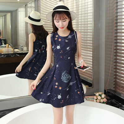 

VIVAHEART Korean Slim Sleeveless Skirt Pattern Print Chiffon One Piece Female VWQZ173331 Navy