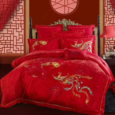 

Tangxiu home textile wedding embroidery six sets of wedding jacquard kit Longxiang Feng dance increase double red 18 m bed 220 240cm