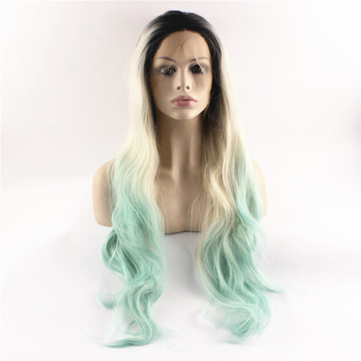 

Long Wavy Hand Tied Lace Front Blonde Blue Ombre Party Wig