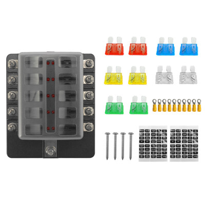 

32V Plastics Cover Fuse Box Holder M5 Stud With LED Indicator Light 10 Ways Blade for Auto Car Boat Marine Trike