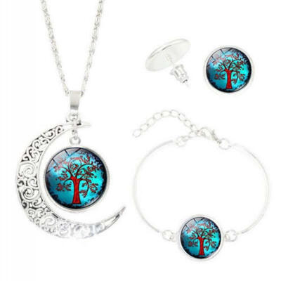 

Glass Cabochon Exquisite Silver Jewelry Sets Bangle Earrings Moon Necklace