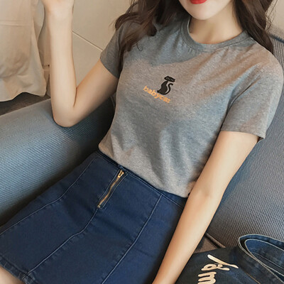 

Long Yue Women's simple short-sleeved T-shirt kitten printed fashion wild Slim LWTD173113 gray