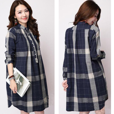 

Buenos Ninos Women's Plaid Cotton Large Size Long-sleeved Shirt Casual Simple Blouse