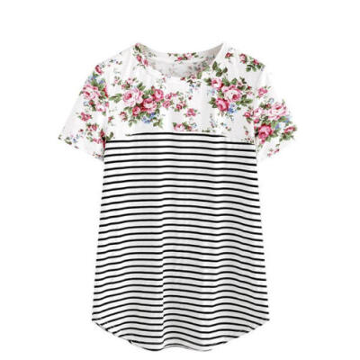 

Womens Maternity Breastfeeding Nursing Striped Short Sleeve Floral T-shirt Tank