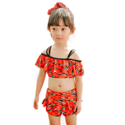 

QIHAI 6610-5 Children&39s swimsuit fashion Korean version of the separate swimwear small fish pattern comfortable girl swimsuit red XL code