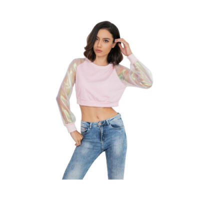 

US Stock Fshion Womens Chiffon Spelice Long Sleeve Crop Top Neck Short Hoodie