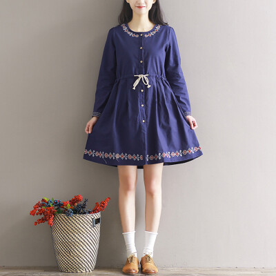 

CITYPLUS art linen embroidery lace loose long sleeves dress CWQZ172455 blue