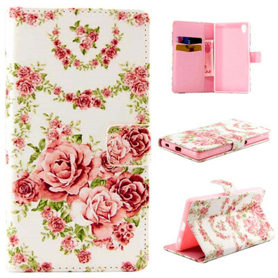 

Pink Rose Design PU Leather Flip Cover Wallet Card Holder Case for SONY Xperia Z5