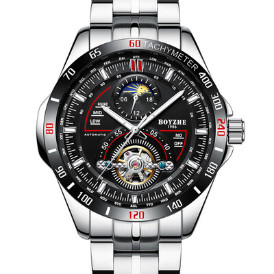 

BOYZHE WL019-P Business Men Automatic Mechanical Watch Moon Phase Time Display Fashion Casual Luminous Hands Leather Strap 3ATM Wa