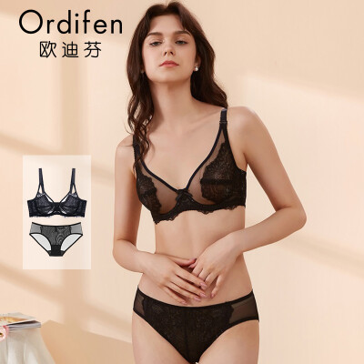 

Ou Difen thin section bra set thin section underwear bra bra lace sexy gathered on the womens underwear set XB8696 black B80L