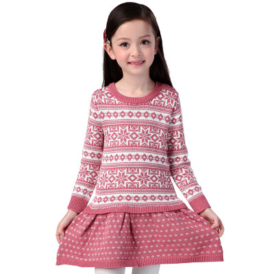 

Xin Song girl pink fashion snowflake long-sleeved sweater dress autumn and winter England design warm hedge knit dress C306A130