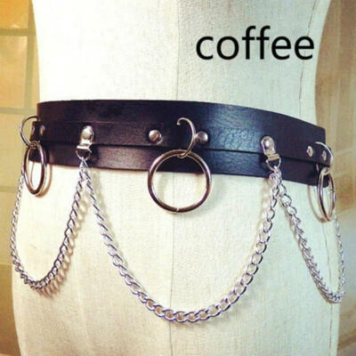 

Canis Punk Leather Belt Laser Metal Chain RingWaist Strap Street Dance Decor TOP