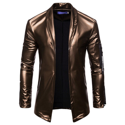 

Solid Color Lapel Collar Long Sleeve Mens PU Jacket