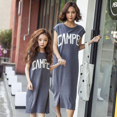 

Women Mom Kids Girls Letters Pattern Matching Dress Casual Cotton Pullover Skirt