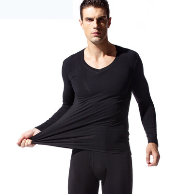 

Han Cai HACAI Mens Thermal Underwear Thin V-neck Modal Cotton Thermal Underwear Set Black 175\100