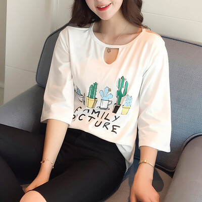 

VIVAHEART Korean casual loose hollow print T-shirt T-shirt female Korean version of the round neck coat VWTD173132 white
