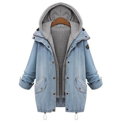 

MyMei SheIn Blue Hooded Drawstring Boyfriend Trends Jean Swish Pockets Two Piece Outerwear Women Long Sleeve Buttons Coat