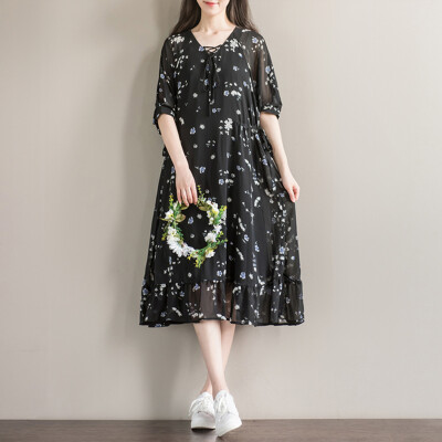 

City Plus CITYPLUS Art dew Phillips Round Collar Printed Lotus Floral Drawings Dress CWQZ173165 Black Print