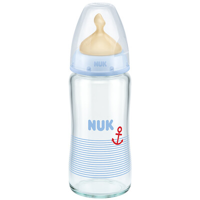

NUK wide-bore glass bottle baby baby bottle 240ml with anti-flatulence latex nipple 0-6 months round hole blue Germany imported