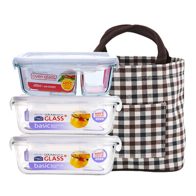 

Jingdong supermarket] Lokchu deduction button (LOCK & LOCK) crisper heat-resistant glass lunch box lunch box 2 sets of lunch bag LLG429S901 740ml * 2