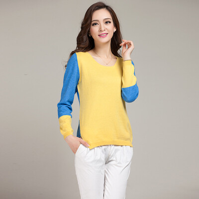 

MAZOE hit color stitching fashion fresh thin sweater Z1088 yellow blue all yards