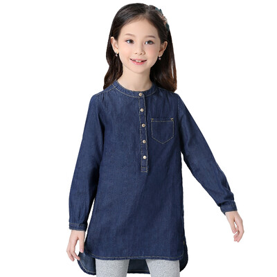 

Cute girl with a small collar collar shirt denim dress in spring&autumn design with long sleeves T-shirt shirt dress E050A140