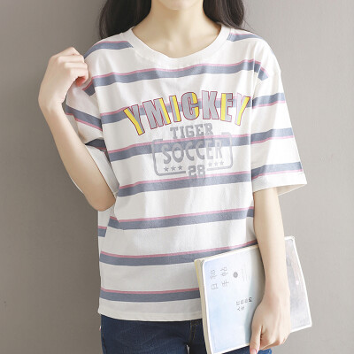 

City Plus CITYPLUS College of Arts and the wind is loose and elegant temperament wild striped printing T-shirt CWTD173162 blue and white