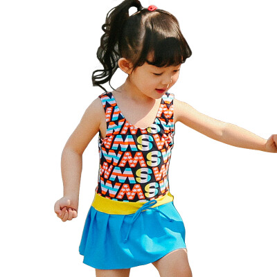 

QIHAI 6614-3 children&39s piece skirt swimsuit cute letters fashion is thin hot spring swimsuit girl blue XL code