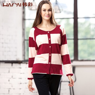 

Han Cai HACAI pajamas women long sleeves pajamas round collar cardigan loose loose large code can be outside the home clothing set dates red 16590 L