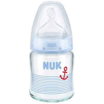 

NUK wide-bore glass bottle newborn baby bottle 120ml with anti-flatulence silicone nipple 0-6 months round hole blue German import