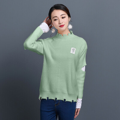 

KuoyiHouse 8005 sweater Korean version of the thin hole is a small hole collar splicing open sleeve sets of knit sweater beans green