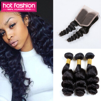 

Peruvian Virgin Hair Loose Wave With Closure, 8A Hot Fashion Peruvian Loose Wave 3 Bundles Human Hair Lace Closure With Bundles