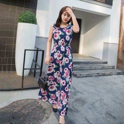 

KuoyiHouse 7323 17 years new Korean version of the long section of the round neck sleeveless suit dress female tight waist cotton long skirt cents 1 feather flower S