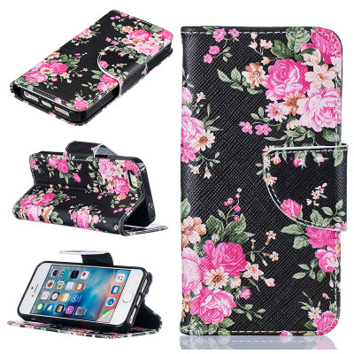 

Black flowers Design PU Leather Flip Cover Wallet Card Holder Case for IPHONE 5/5S/5SE