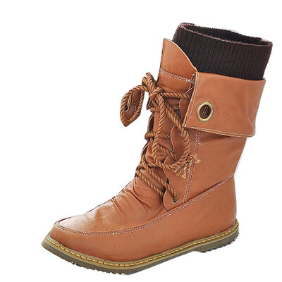 

Fashion Women's Snow Boots Military Martin Motorcycle Lace Up Mid-calf Shoes