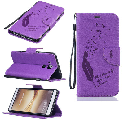

Purple Feathers and birds Style Embossing Classic Flip Cover with Stand Function and Credit Card Slot for HUAWEI Mate 8