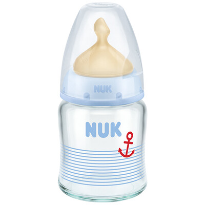 

NUK wide-bore glass bottle baby baby bottle 120ml with anti-flatulence latex nipple 0-6 months round hole blue Germany imported