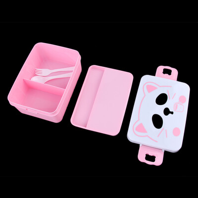 

Cat Face Plastic Salad Kids Students Lunch Box Food Storage with Fork Spoon
