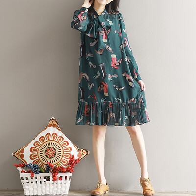 

City Plus CITYPLUS Artistic Retro Wind Chiffon Print Pleated Dresses CWQZ173166 Green L