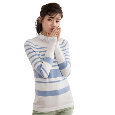 

INMAN 2017 spring new striped word collar collar sweater women light blue&white strip S 1871302289