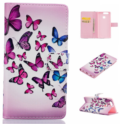 

Pink and blue butterfly Design PU Leather Flip Cover Wallet Card Holder Case for HUAWEI P9