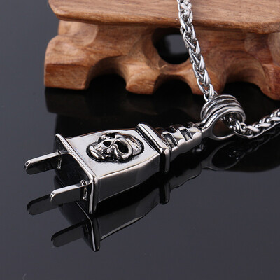

Power Plug Pendant Fashion Mens Stainless Steel Biker Skull Plug Pendant Necklace comes with a beautiful Black Gift Bag