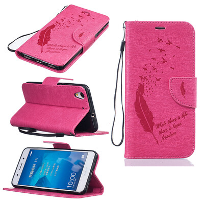 

Rose red Feathers and birds Style Embossing Classic Flip Cover with Stand Function and Credit Card Slot for HUAWEI Honor 5A/Y6 II