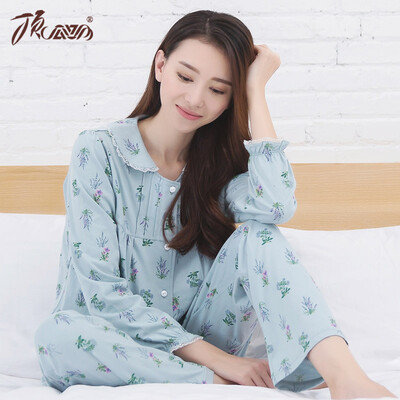 

Top melon pajamas 2020 autumn new cotton fresh lap home clothing suit 80135 light blue printing 160