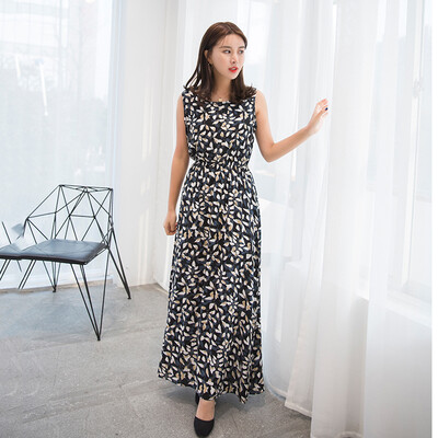 

KuoyiHouse KuoyiHouse 7323 17 years new Korean version of the long section of the round neck sleeveless suit dress female tight waist cotton long skirt cents on the 16th black Teng leaves S