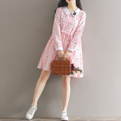 

City Plus CITYPLUS Sen Female College Wind Small Fresh Loose Embroidery Print Long Sleeve Dress CWQZ173154 Pink