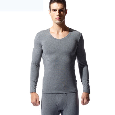 

Han Cai HACAI mens thermal underwear thin section V-neck modal cotton thermal underwear set deep hemp gray 180\105