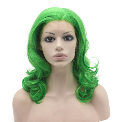 

16inch Medium Long Wavy Lace Front Synthetic Hair Green Cosplay Party Wig