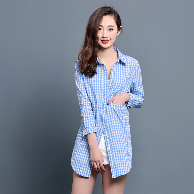 

KuoyiHouse KuoyiHouse 7006 shirt 2017 spring new plaid shirt long sleeves loose art in the long paragraph cotton shirt blue white grid