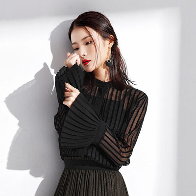 

MAZOE Fashion Striped Pleated Trumpet Chiffon Shirt Set M005 Black Free Size